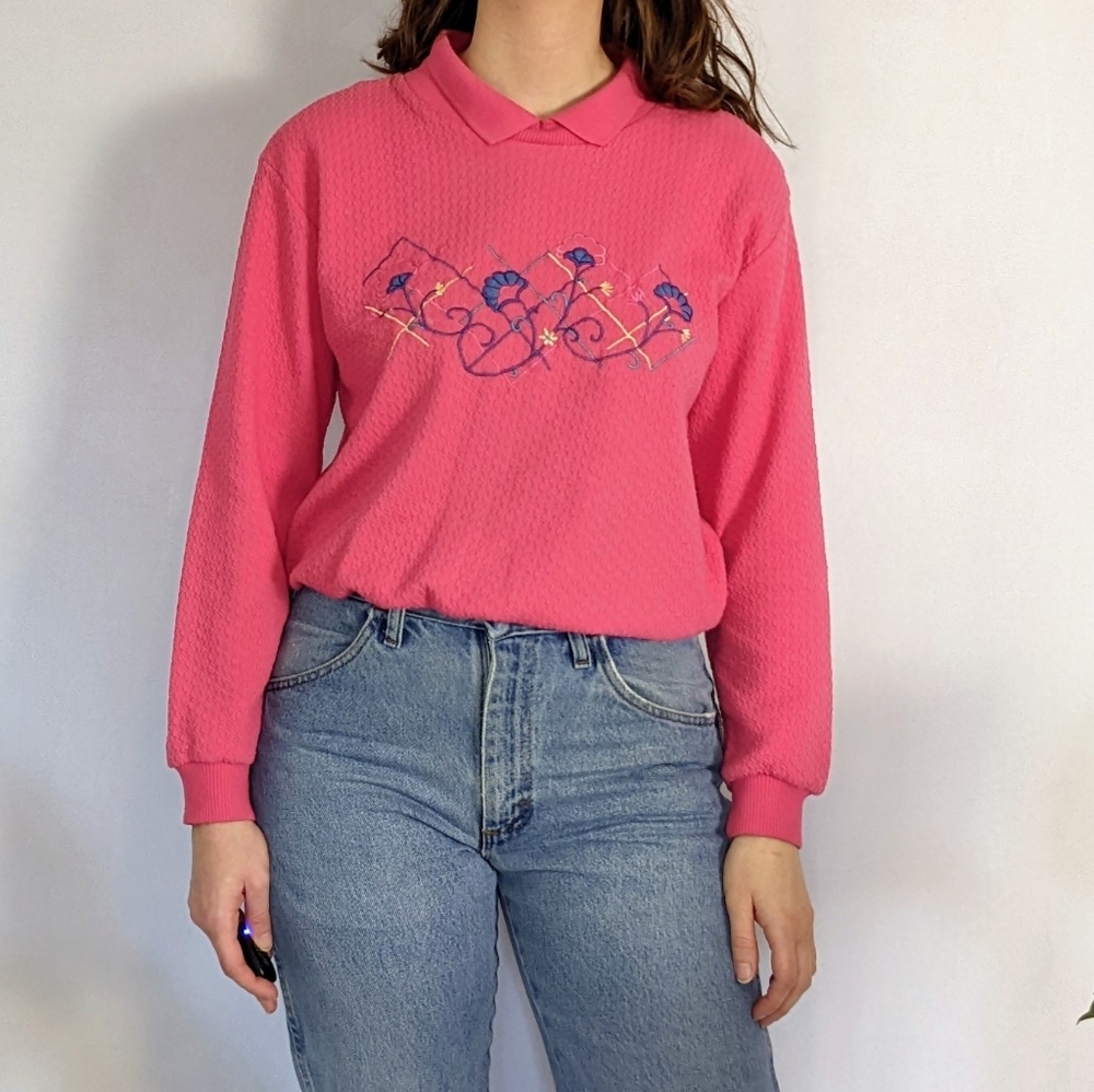 Vintage Textured & Embroidered Double Collar Polo Sweater 1980s TanJay